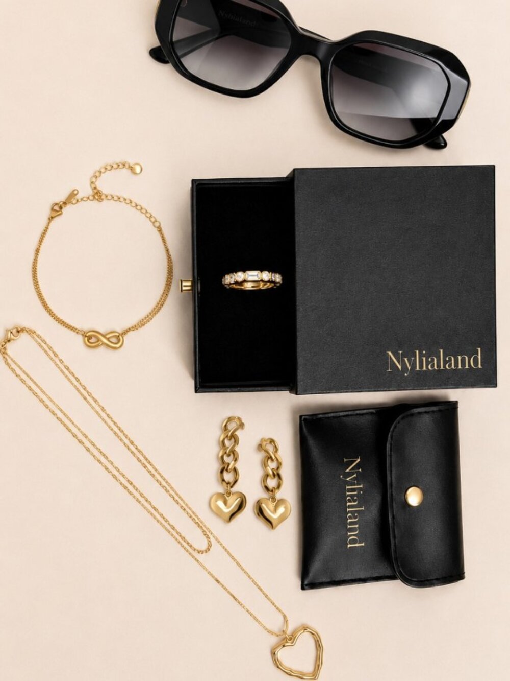 Nylialand Gold Heart Necklace & Bracelet Set with Michael Kors Sunglasses